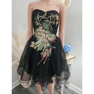 Modcloth ChiChi London Perfect Poise Black Mesh Embroidered Mini Straples Dress